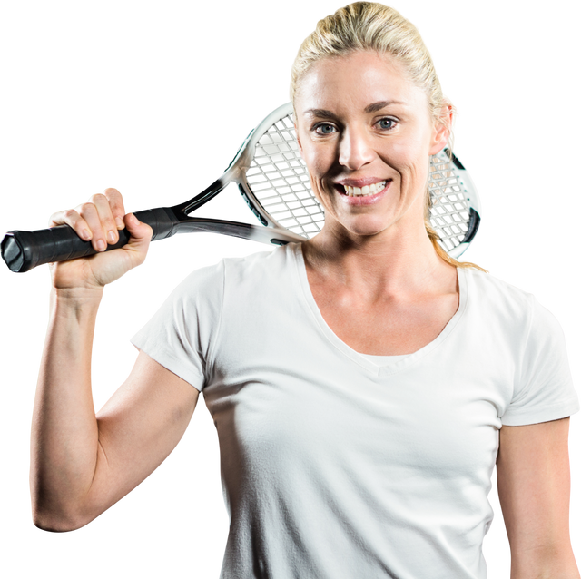 Smiling Female Athlete Posing with Tennis Racket on Shoulder Transparent Background - Download Free Stock Videos Pikwizard.com