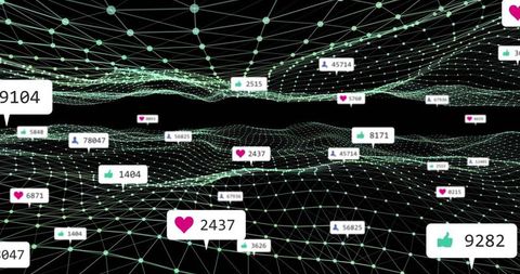 3D Social Engagement Mesh Visualizing Likes and Hearts Across Dynamic Network Topology