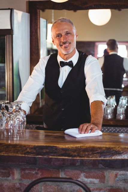 Portrait of smiling bartender cleaning bar counter