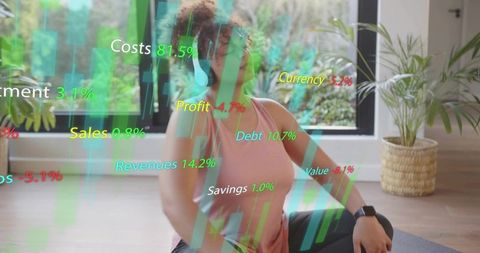 Practicing yoga wearing headphones with financial data overlay for home wellness focus