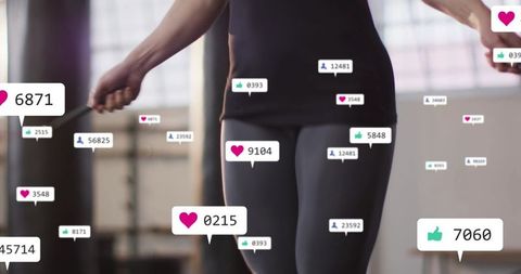 Skipping rope workout in gym with social media likes and follower count overlays