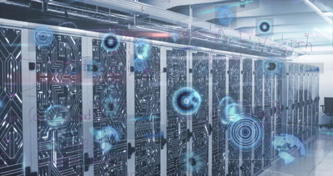 Futuristic Data Center with Digital Interface Displaying Complex Equations
