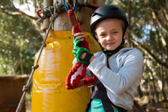 Young girl wearing helmet and safety gear, preparing for a zip line ride in a forest. Ideal for use in advertisements for outdoor adventure parks, children's activities, safety gear, and family recreation. Perfect for illustrating themes of adventure, fun, and outdoor sports.