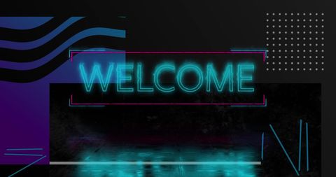 Neon Blue Welcome Banner with Abstract Geometric Patterns