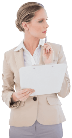 Transparent thoughtful businesswoman holding clipboard planning