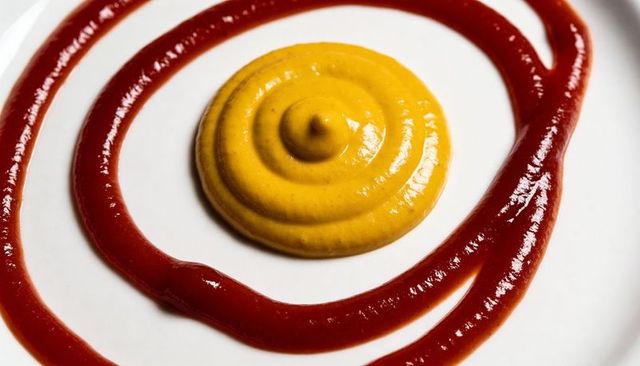 Centered mustard swirl with ketchup rings on white plate, glossy condiment close-up