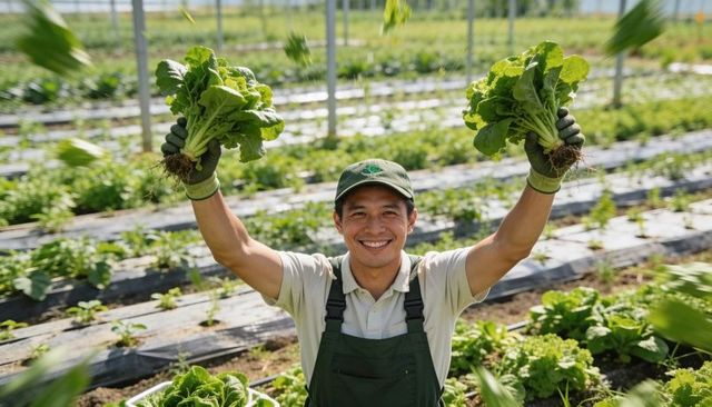 Smiling farmer harvesting fresh lettuce from plastic-mulch rows on sunny organic farm
