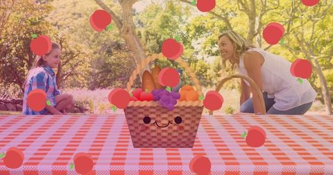 Whimsical Picnic with Basket and Virtual Fruits in Sunlit Park