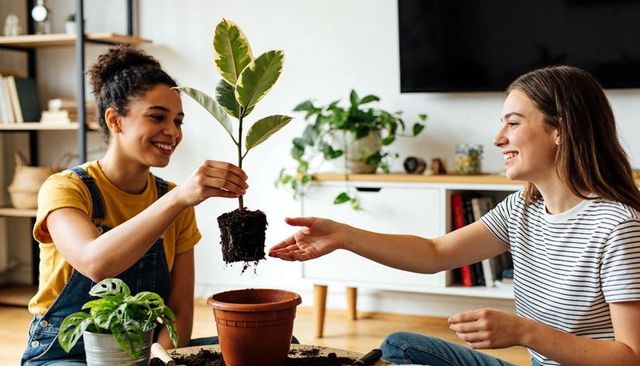 Friends repotting houseplant together on living room floor, teamwork, indoor gardening