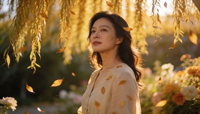 Asian woman standing beneath willow with falling autumn leaves in golden hour glow