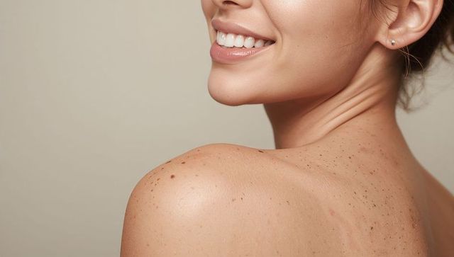 Smiling woman showing freckled shoulder and radiant skin closeup with stud earring