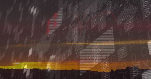 Financial data overlay blending with sunset horizon and dotted world map graphs