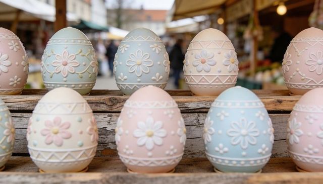 Pastel embossed ceramic easter eggs on rustic wooden shelves at outdoor market