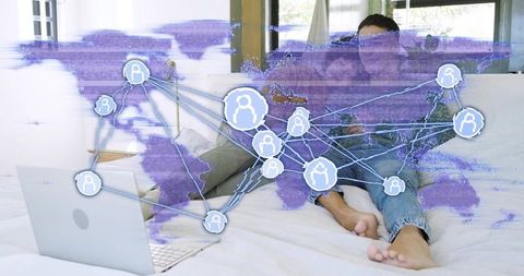 Remote collaboration connecting global network overlay on cozy home laptop and phone