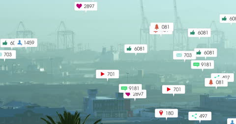 Social Media Interaction Icons Floating Above Modern City