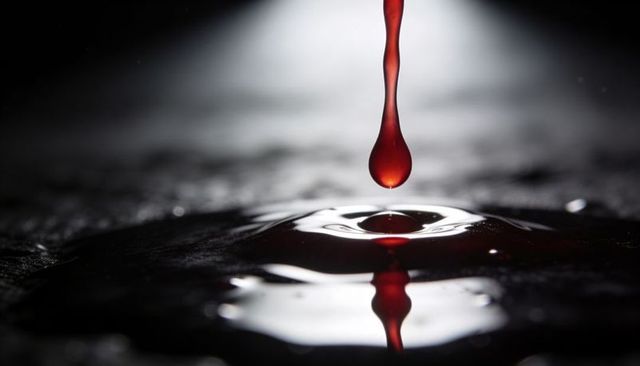 Crimson droplet falling over reflective pool creating concentric ripples and dramatic contrast