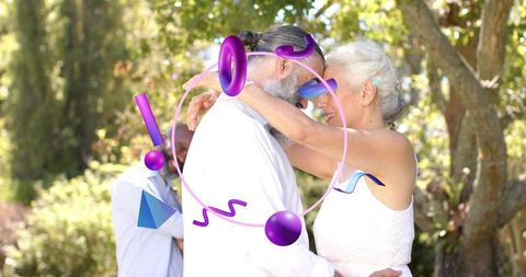 Senior couple embracing in sunlit garden with abstract purple 3d overlay for romance