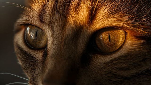 Close-up Amber Cat Eyes with Slit Pupils, Macro Fur Detail and Warm Golden Lighting