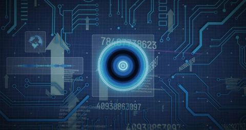 Displaying circular HUD interface with glowing blue core and circuit trace telemetry