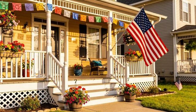 Sunlit yellow porch with american flag and colorful papel picado banners at golden hour