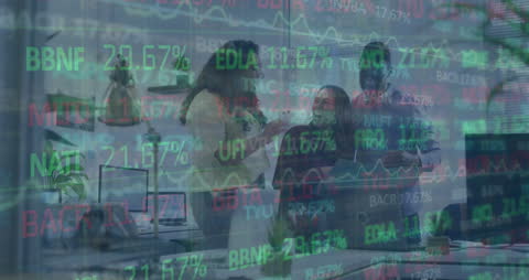 Diverse Colleagues Celebrating with Stock Market Data Overlay