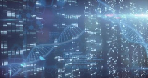 Futuristic dna helix display with digital overlays and lens flare