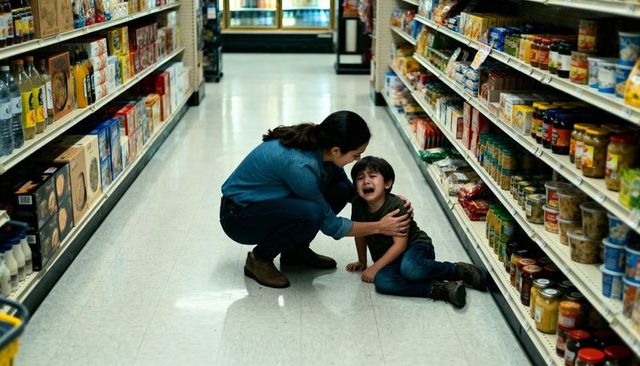 Young mother comforting crying son on grocery store floor amid busy supermarket aisle