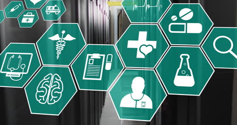 Futuristic Healthcare Networking Symbols in Server Room
