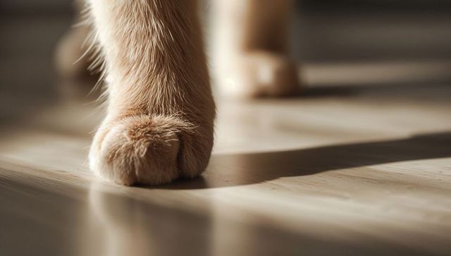 Ginger cat paw resting on sunlit hardwood floor, macro fur texture and warm shadow
