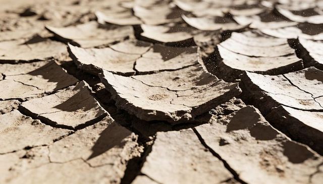 Sunlit cracked mud plates forming curled fissures on parched dry lakebed texture