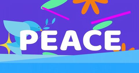 Bright peace banner with blue dove and olive branch vector, bold white text and waves