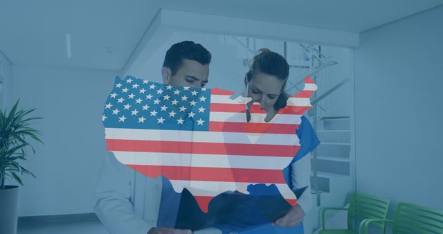 Healthcare Professionals Reviewing Documents with USA Flag Overlay - Download Free Stock Images Pikwizard.com