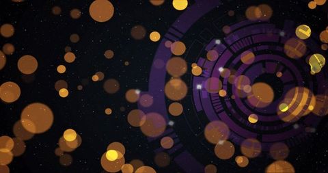 Glowing Purple Tech Rings Rotating with Golden Bokeh and Starfield Backdrop
