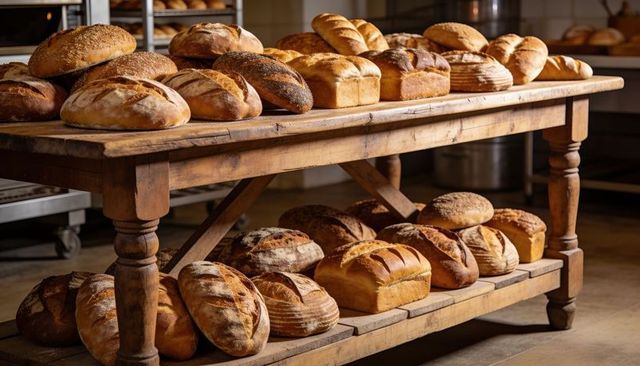 Artisan rustic bread display on wooden work table with assorted crusty loaves for bakery