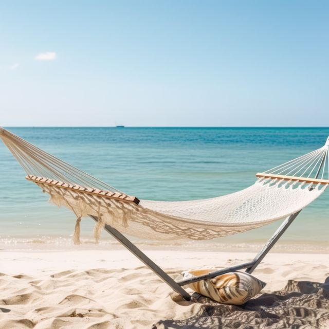 Wicker hammock on beach with blue sky, created using generative ai technology. Vacation at the beach in a wicker hammock concept digitally generated image.
