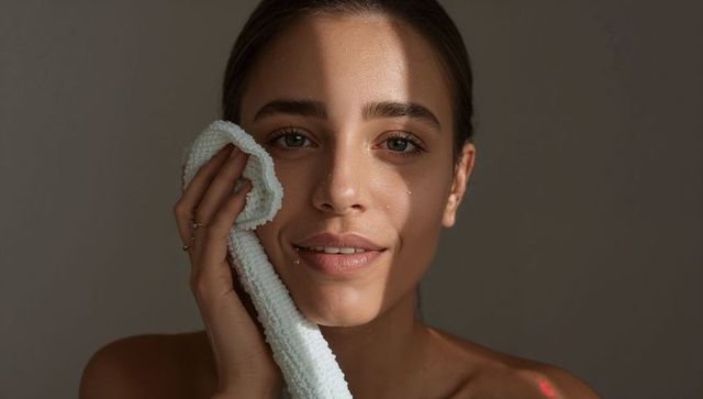 Young woman pressing towel to wet face, dewy skin closeup with soft natural light