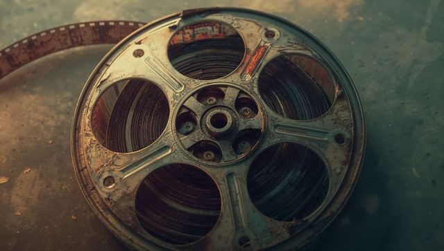 Vintage metal film reel on dusty workshop table