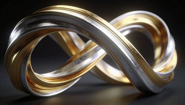 Reflecting metallic mobius loop with intertwined gold and silver ribbons on dark base