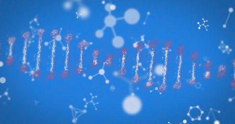 DNA Strand with Abstract Molecular Structures on Blue Background