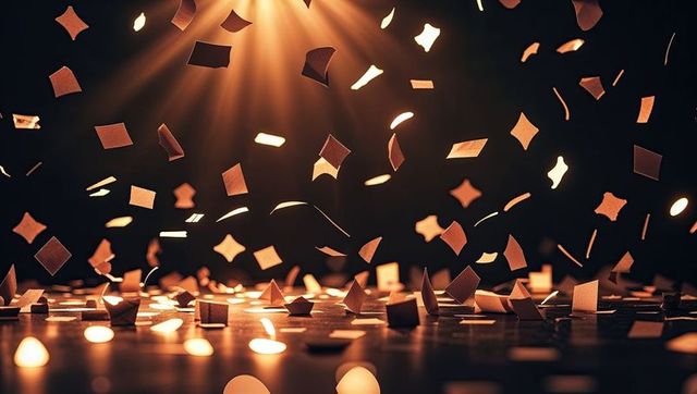 Floating Metallic Confetti Shapes Shimmer Under Spotlight
