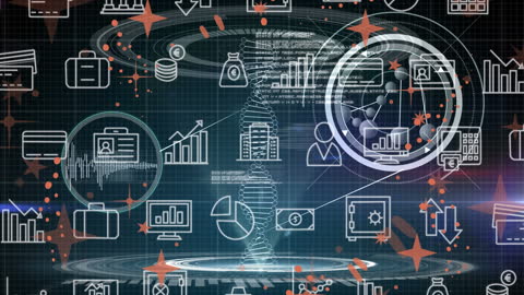 Digital DNA Overlay with Technology Icons and Data Processing