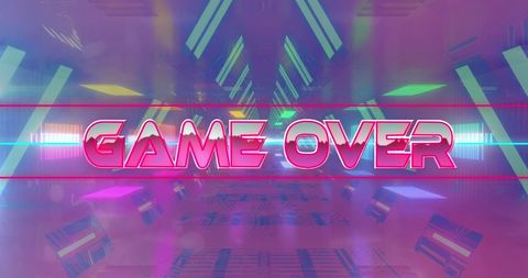 Retro Futuristic Neon Game Over Screen with Geometric Patterns