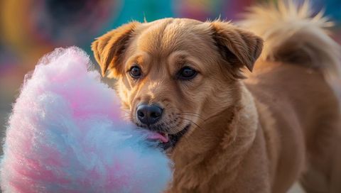Curious Brown Dog Licking Pink and Blue Cotton Candy at Carnival