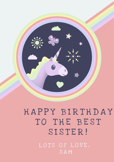 Perfect for celebrating a sister's birthday with whimsical design. Features a smiling unicorn surrounded by magical elements like stars, sun, and butterfly with a pastel color scheme. Ideal for those looking to add a touch of magic to birthday wishes.