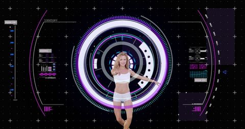 Athletic Woman Engaging in Dance within Futuristic Digital Interface