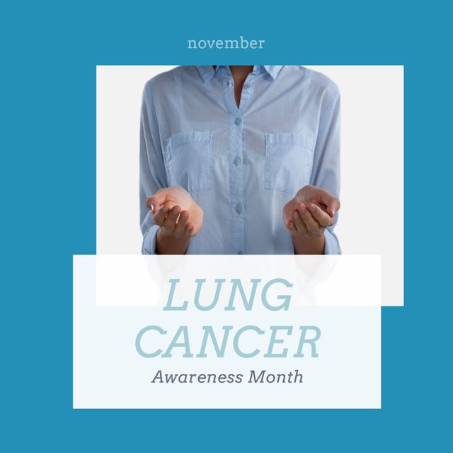 Visual for Lung Cancer Awareness Month, featuring a biracial woman in a blue shirt to represent support. Suitable for healthcare promotions, medical awareness campaigns, social media advocacy posts, and community health event advertising in November.