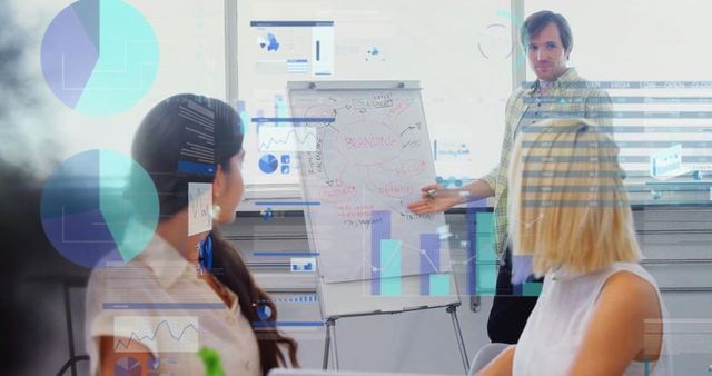 Team Collaborating with Digital Graphics Overlapping Strategy Discussion