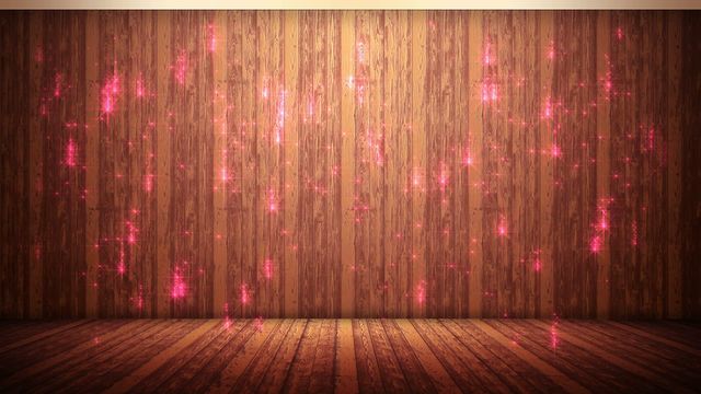 Dynamic and cozy setting featuring a wooden floor and wood panel wall with glowing red lights delicately descending. Perfect for creative backdrop usage, event designs, holiday promotions, theater productions, or adding an enchanting touch to interior projects.