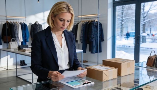 Boutique owner organizing orders behind glass counter with tablet and shipping boxes