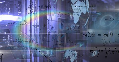 mathematical equations overlaid on server room with rainbow light - Download Free Stock Images Pikwizard.com